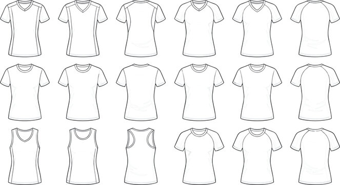 Women Sport T Shirt and Tank Top Template Set with V Neck Crew Neck Raglan Sleeves and Technical Flat Sketches Vector Illustration for Apparel Design