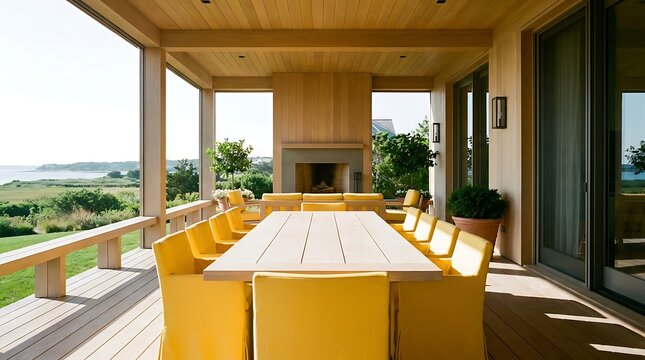 Modern wooden outdoor deck with yellow chairs and dining table view
