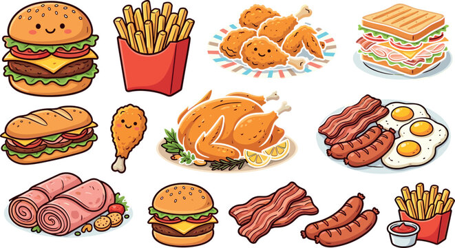  Fast food and breakfast vector illustration set featuring cartoon hamburger french fries fried chicken sandwich bacon and eggs isolated on white background.