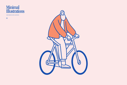 Hand-drawn illustration of a man riding a bicycle in line art style. Perfect for cycling, urban mobility, healthy lifestyle, sports, websites, apps, posters, and branding.