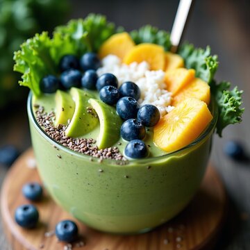Health-Focused Green Smoothie Bowl Plentifully Topped with Fresh Exotic Fruits in Modern Juice Bar