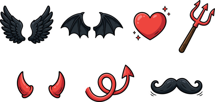 Devil and demon vector illustration set featuring black wings red horns pitchfork tail heart and mustache isolated on white background for stickers.