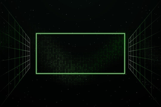 Matrix inspired glowing rectangle with digital binary code and wireframe perspective background