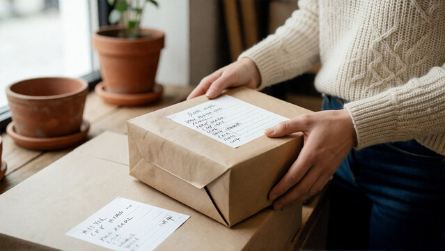 Person preparing cardboard package for shipping in a home office