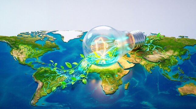 3D render of a glowing lightbulb releasing clean water and green vine across a globe map, symbolizing environmental sustainability, renewable resource and global ecology.
