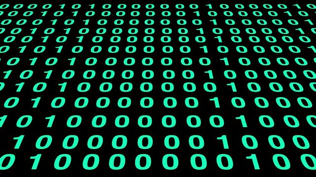 Glowing green binary numbers on a black background in perspective, showing digital data, coding, technology, cyber security, and abstract computer information flow.