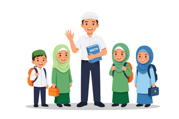 Fototapeta premium Muslim Teacher and Students with Math Book and School Bags