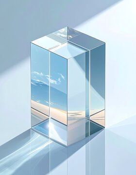 Glass cube reflecting sunny landscape.