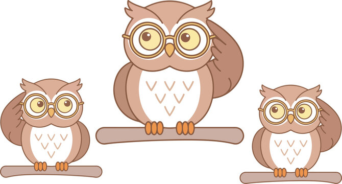 Cute cartoon owl characters collection vector illustration featuring intelligent birds with glasses perched on branches for children education and pattern design