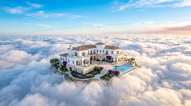 Aerial view of luxurious mansion above clouds at sunrise