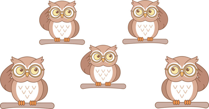 Cute cartoon owl characters collection vector illustration featuring intelligent birds with glasses perched on branches for children education and pattern design