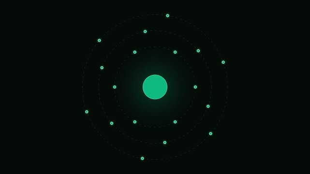 A glowing teal circular atom structure floating against a deep black background