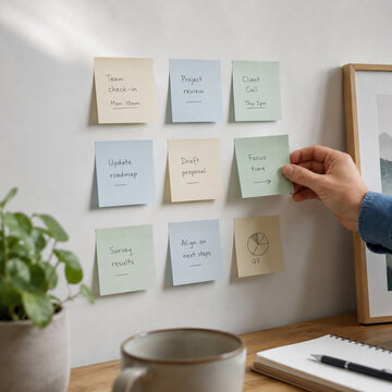 Hand placing sticky note on office wall with task list