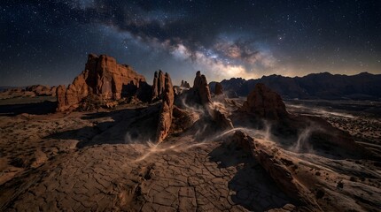 Obraz premium Mountain range sits beneath a starry sky filled with the bright milky way galaxy.