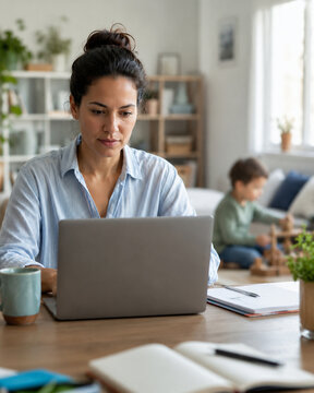 Focused woman working on laptop at home with child playing in background