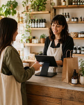 Customer making a contactless payment in a natural skincare shop