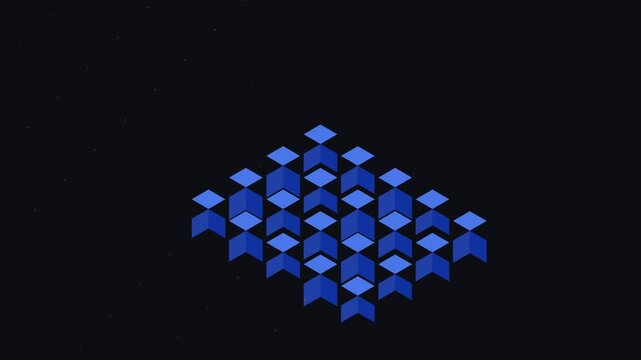 A geometric pattern of blue isometric cubes arranged on a solid black background