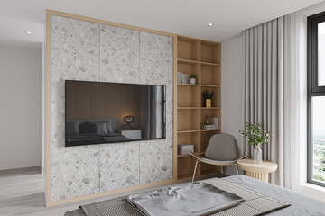A smart TV hangs on the Wall frame marble mounted, and a bookcase, Chair, and botany are next to the window. © Dulal