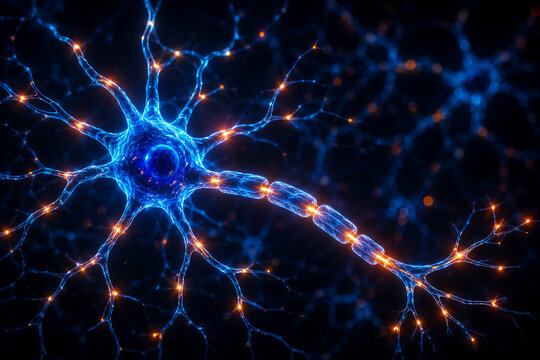 Glowing neural network transmitting electrical impulses in a biological brain structure with a dark scientific background