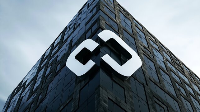 A sleek black building with a white logo on a cloudy day in the city