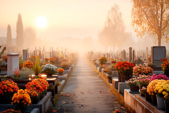 Peaceful cemetery landscape in autumn