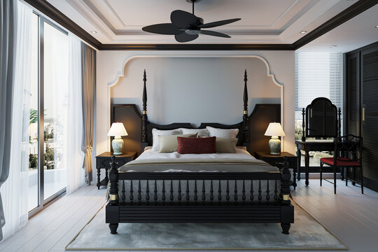 The traditional bedroom features a classic king-size bed with a classical vibe.