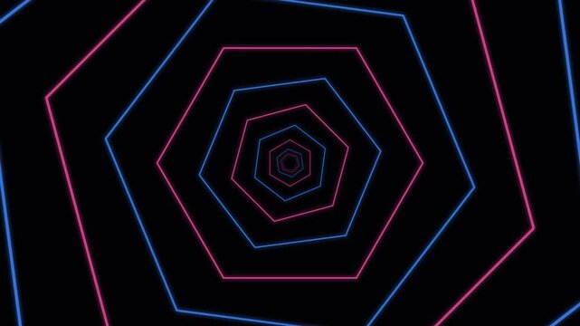 A vibrant digital tunnel of glowing red and blue concentric pentagons