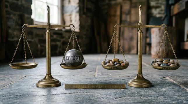 Vintage brass balance scales meticulously weighing a large stone ball labeled 'Effort' against a pile of smaller stones, symbolizing the comparison of inputs and outputs.