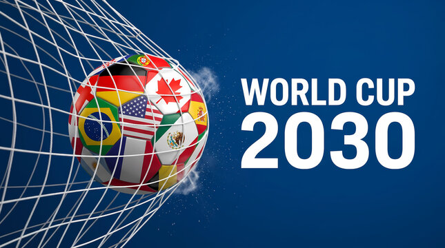Soccer Ball With International Flags Hitting The Goal Net For World Cup 2030 Championship Tournament Celebration