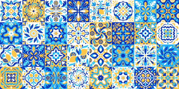 Italian ceramic tile pattern with blue mediterranean ornament and portuguese design elements. Mosaic background with geometric seamless motifs in traditional italian style with floral vintage texture.