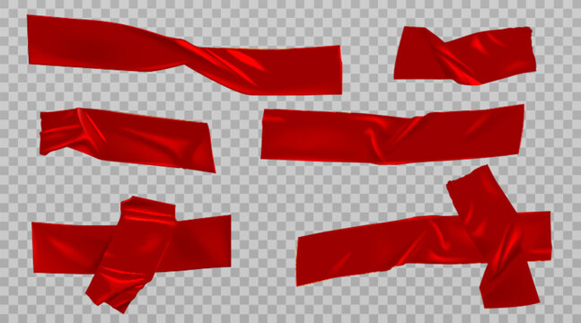 Duct tape strips with realistic adhesive texture and torn edges on transparent background. Red sticky pieces design elements for scrapbook collage and grunge overlays with masking band effects.