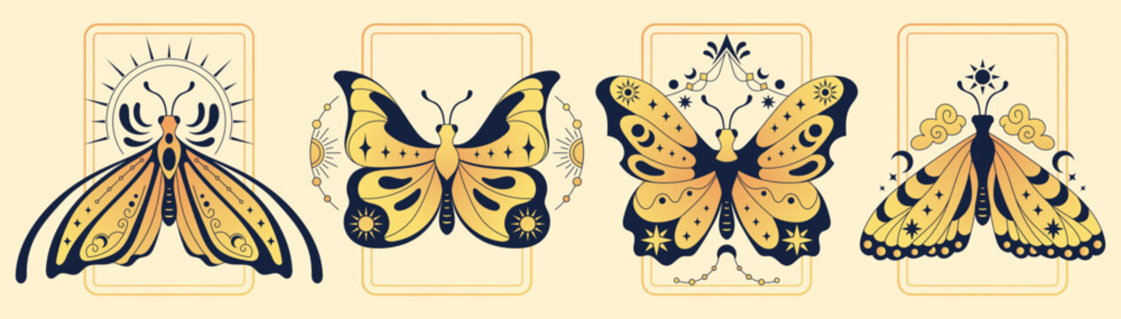 Celestial moth with golden moon and mystic elements pattern on wings. Boho butterfly vector design with magic symbols, esoteric line art, sun motifs and witchy star for spiritual illustrations.