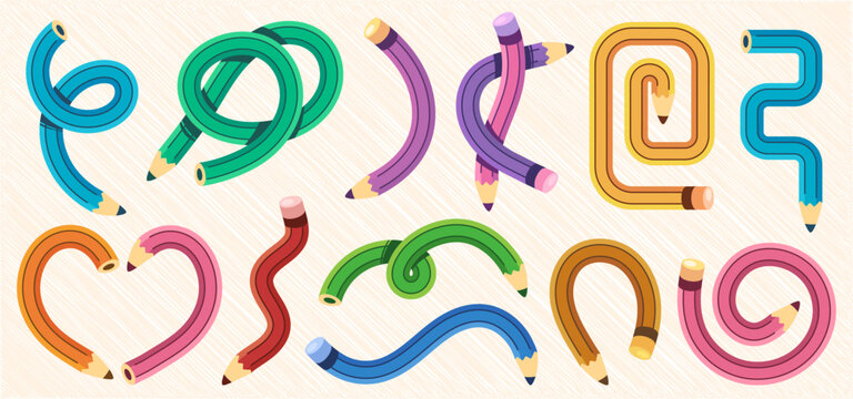 Twisted pencil illustration with flexible curve design for school education. Abstract vector icon of bent stationery and colorful cartoon elements for children study materials and fun learning project