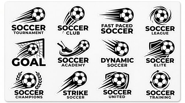 Set of black and white soccer ball logo icons with motion trails for sports tournaments, clubs, academies, and training programs