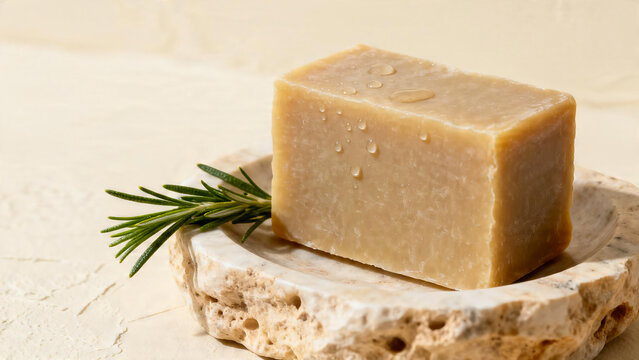 Handmade organic olive oil soap bar on travertine stone dish