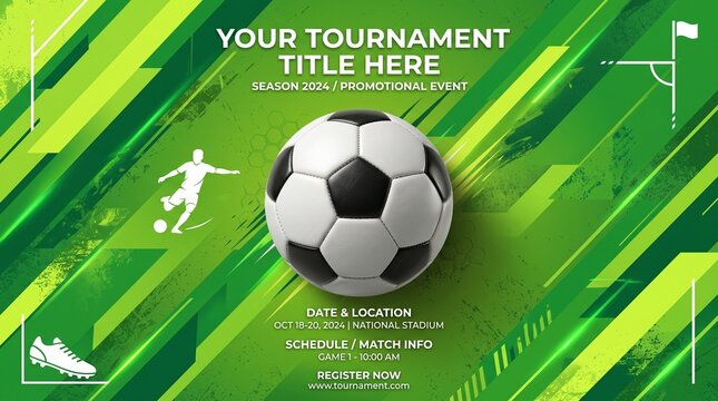 Soccer tournament promotional event poster template with ball and graphic background for sports competition advertisement