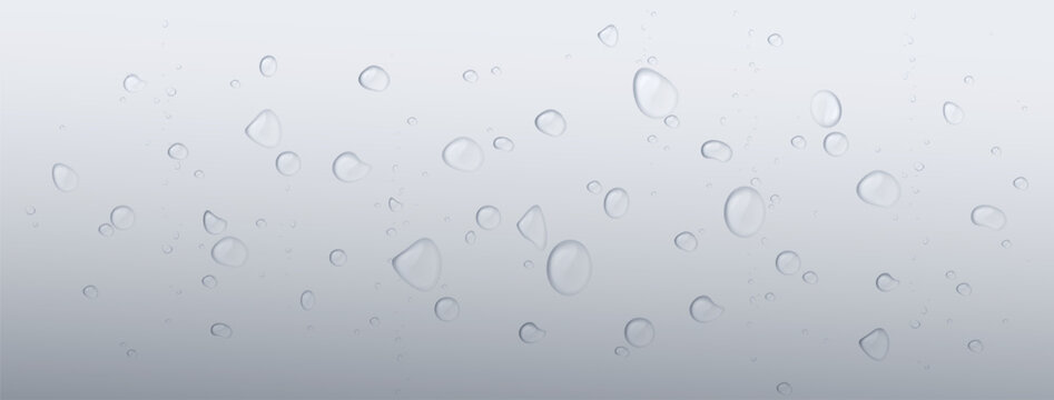 Water drops on glass surface with realistic transparent texture. Fresh rain droplets create wet pattern on window background. Dew beads and splash effect with moisture condensation for overlay design