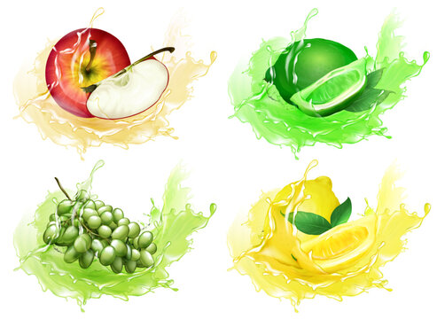 Fruit splash with fresh realistic lemon and lime slices bursting through liquid waves. Vibrant apple and grape elements with yellow juicy drops isolated on white background for summer drink banners.