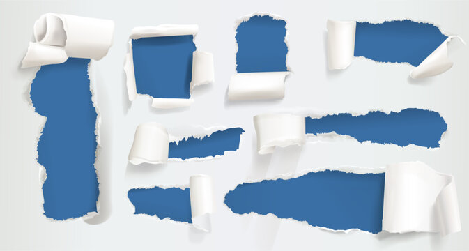 Paper with torn hole and ripped edge on white background. Realistic vector sheet with curl effect, ragged texture and blue reveal frame. Paper roll design with rough border and vintage scroll style.