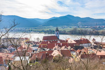 Fototapeta premium The Blue Tower of Duerunstein Abbey, Wachau Cultural Landscape, UNESCO World Heritage Site, Austria