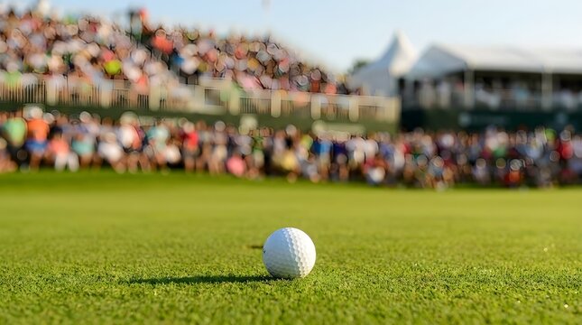 White dimpled golf ball resting on the vibrant green grass of a professional tournament course under bright sunny daylight conditions