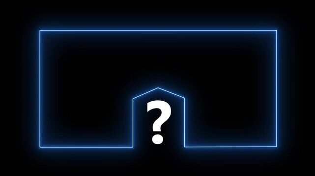 neon frame reveal with bouncing question mark animation on black background.
