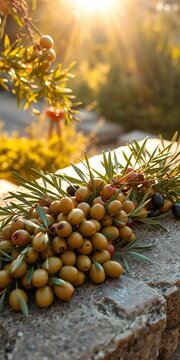 Golden afternoon light shines on freshly harvested olives arranged on a natural stone table, stone, earthy