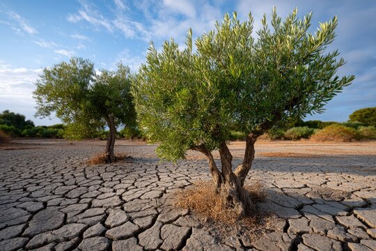 Twisted olive trees survive in a dry landscape under golden evening light in a Mediterranean grove