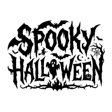 Spooky Halloween horror typography, gothic lettering with bats and ghosts, scary typeface for party invitation, black vector design Halloween