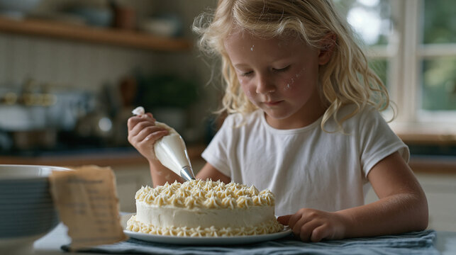 A girl with flour on her cheeks carefully pipes frosting onto a lopsided homemade birthday cake alone in a warm kitchen, referencing a crinkled recipe card propped against a