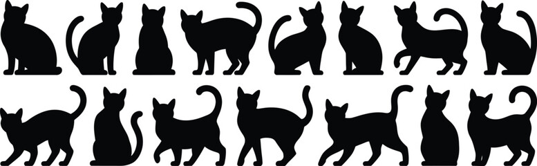 Collection of black cat silhouettes in various sitting, standing, and walking poses isolated on a white background set © MdRayhan