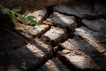 Fototapeta premium Dried sunflower field shows cracked soil under afternoon sun with shadows revealing details of the landscape