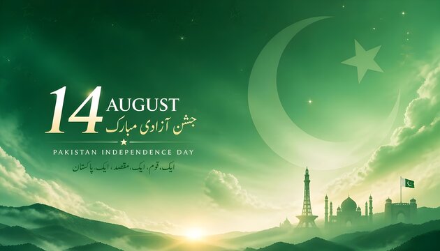 14 August Pakistan Independence Day artwork with crescent moon, Minar‑e‑Pakistan, and Faisal Mosque symbolizing freedom and national unity