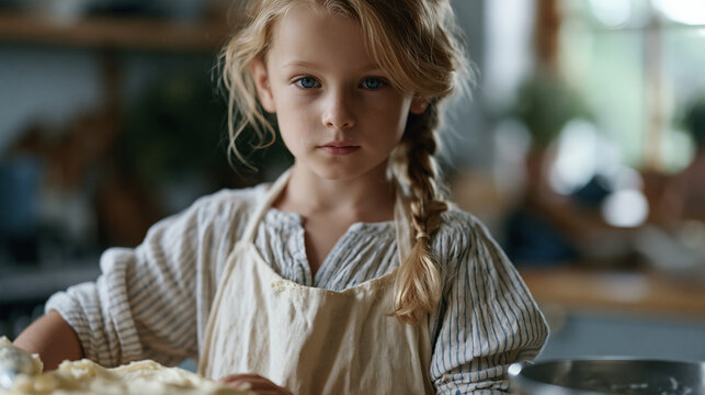 A girl with flour on her cheeks carefully pipes frosting onto a lopsided homemade birthday cake alone in a warm kitchen, referencing a crinkled recipe card propped against a